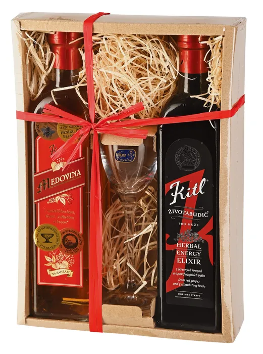 Kitl Dárkové balení Životabudič pro muže a Medovina se skleničkou 2 x 500 ml